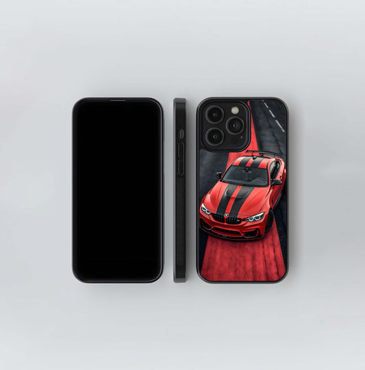 Red BMW M4 on Red Race Stripe Glass Case