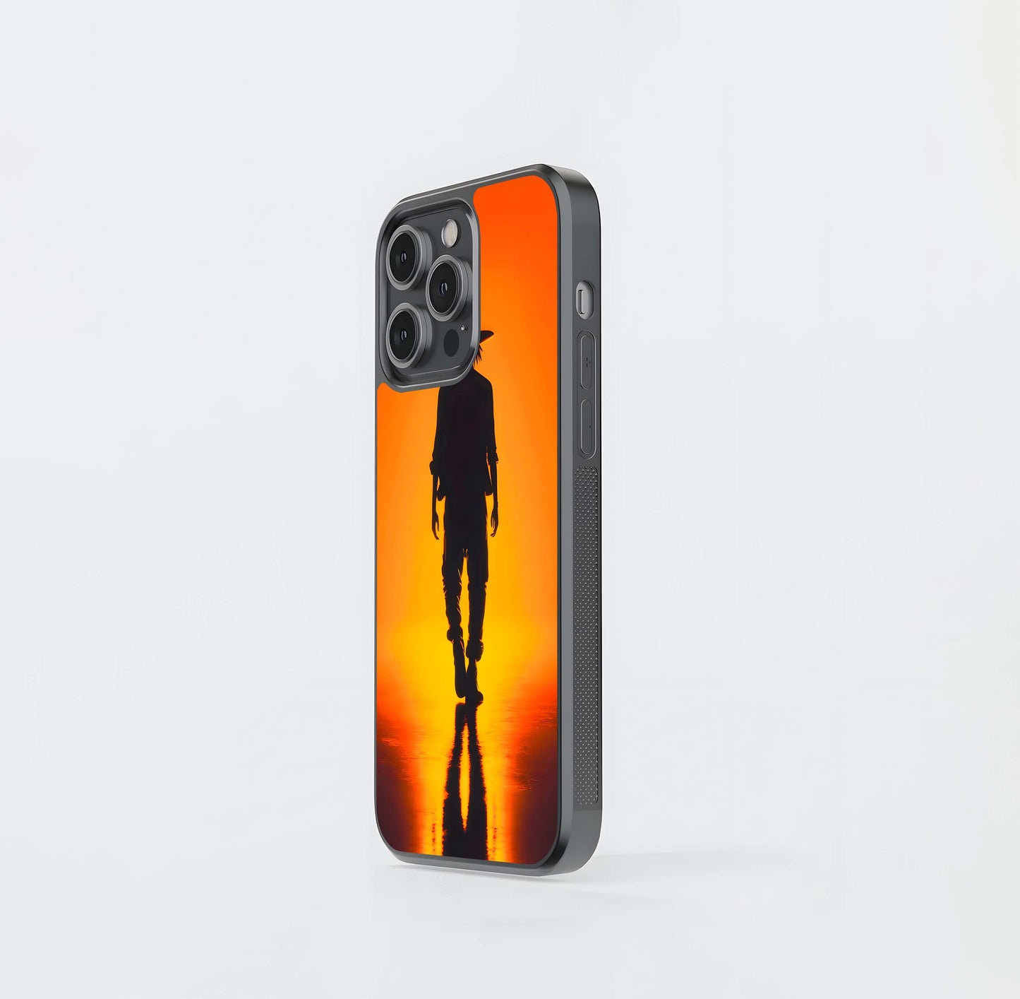 Silhouette Figure in Cowboy Hat against Orange Sunset Glass Case