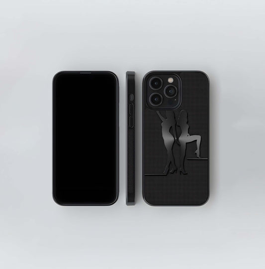 Two Female Silhouettes on Black Carbon Fiber Texture Glass Case