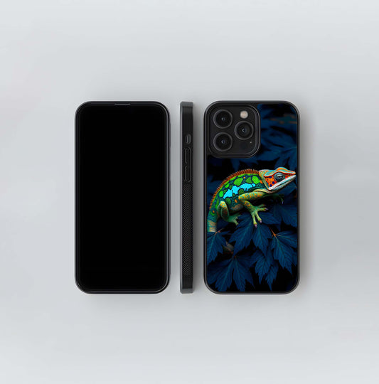 Colorful chameleon on dark leaves Glass Case