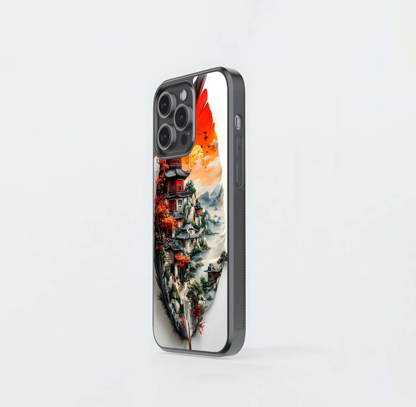 Asian Pagoda Landscape on a Feather Glass Case