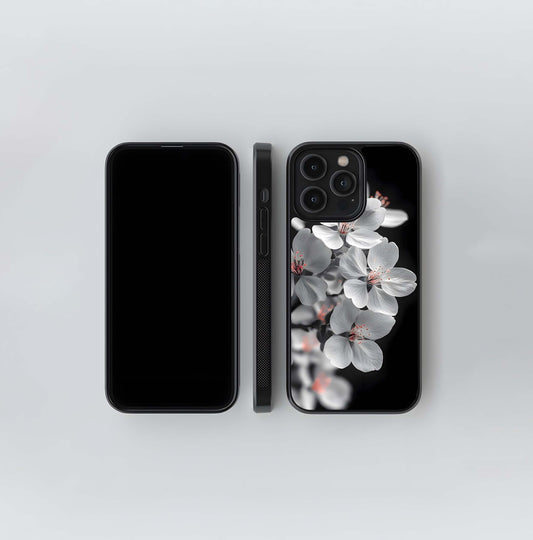 Monochrome White Cherry Blossoms Glass Case