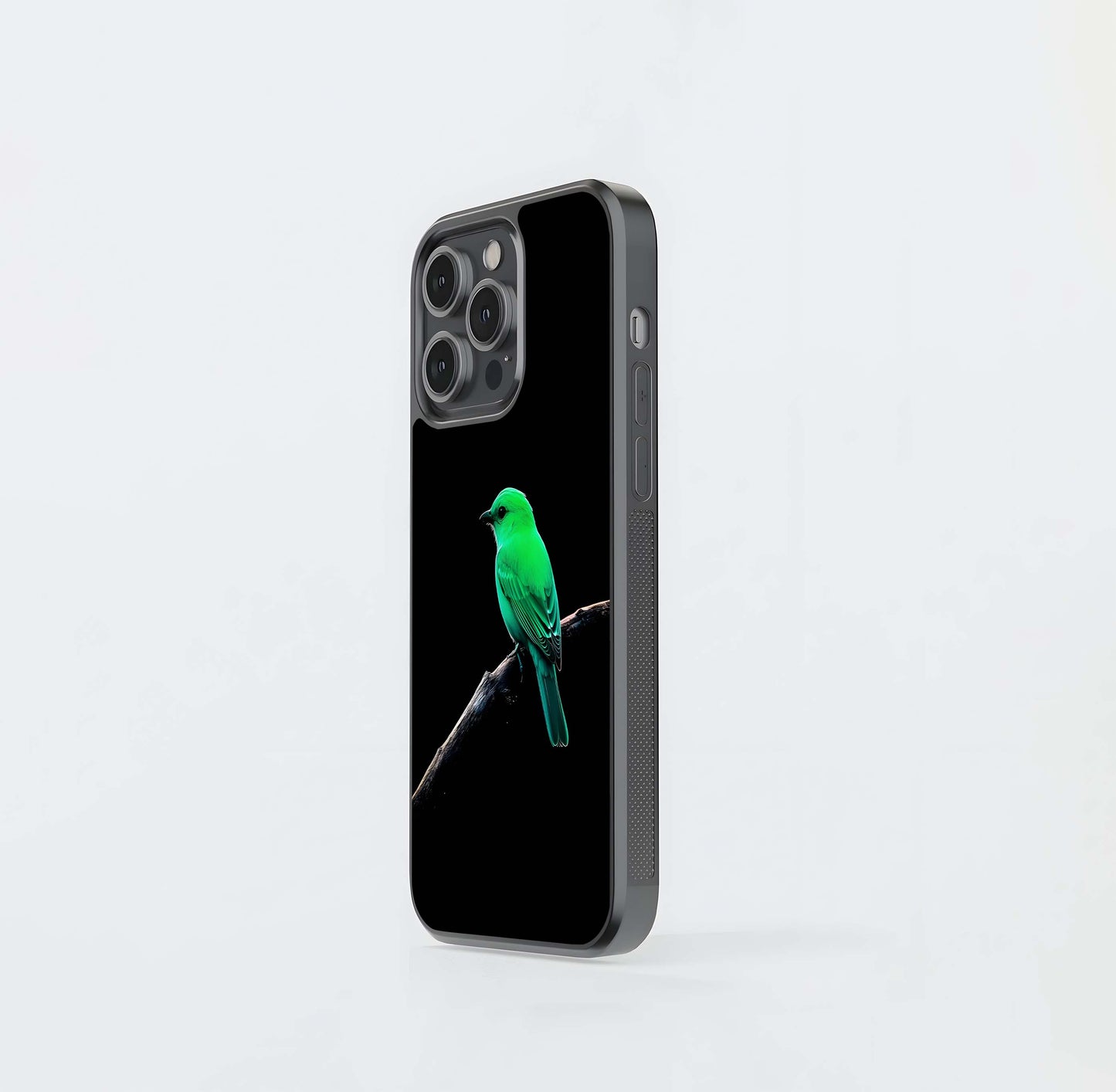 Neon Green Bird on Black Background Glass Case