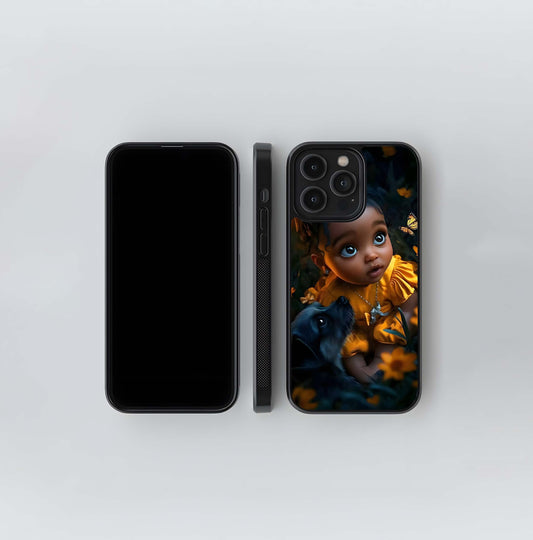 Chibi Girl with Puppy and Butterfly Glass Case