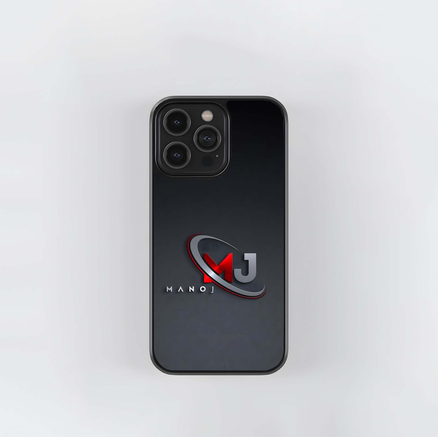 3D MJ Manoj Logo on Dark Gray Glass Case