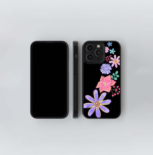 Colorful Glitter Flowers on Black Glass Case