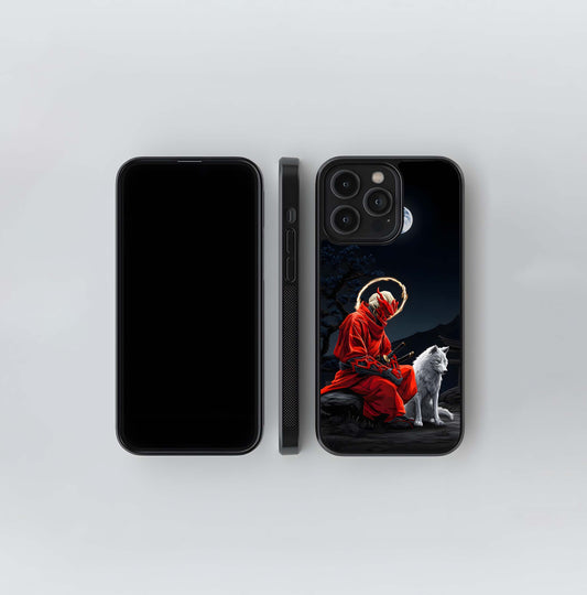 Red Demon Mask Samurai and White Wolf under Moonlight Glass Case