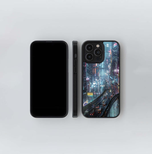 Cyberpunk Rain Cityscape Glass Case