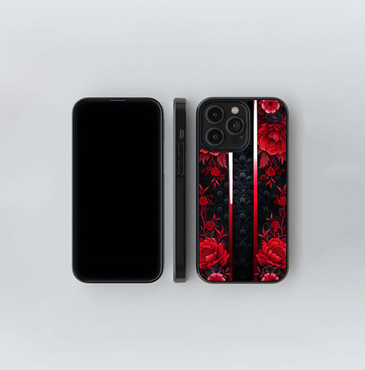 Triple Panel Red Peony Black Damask Glass Case