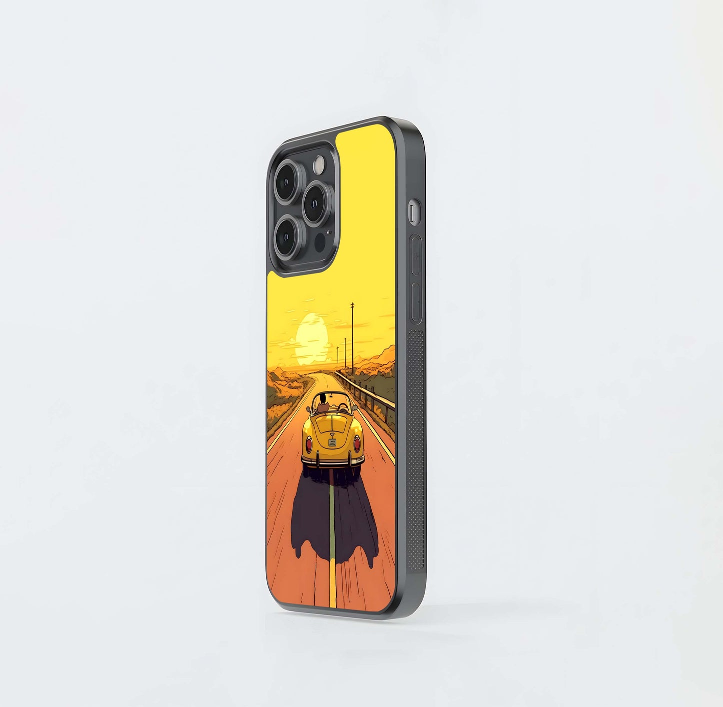 Yellow Beetle Car Driving on Desert Road at Sunset Glass Case