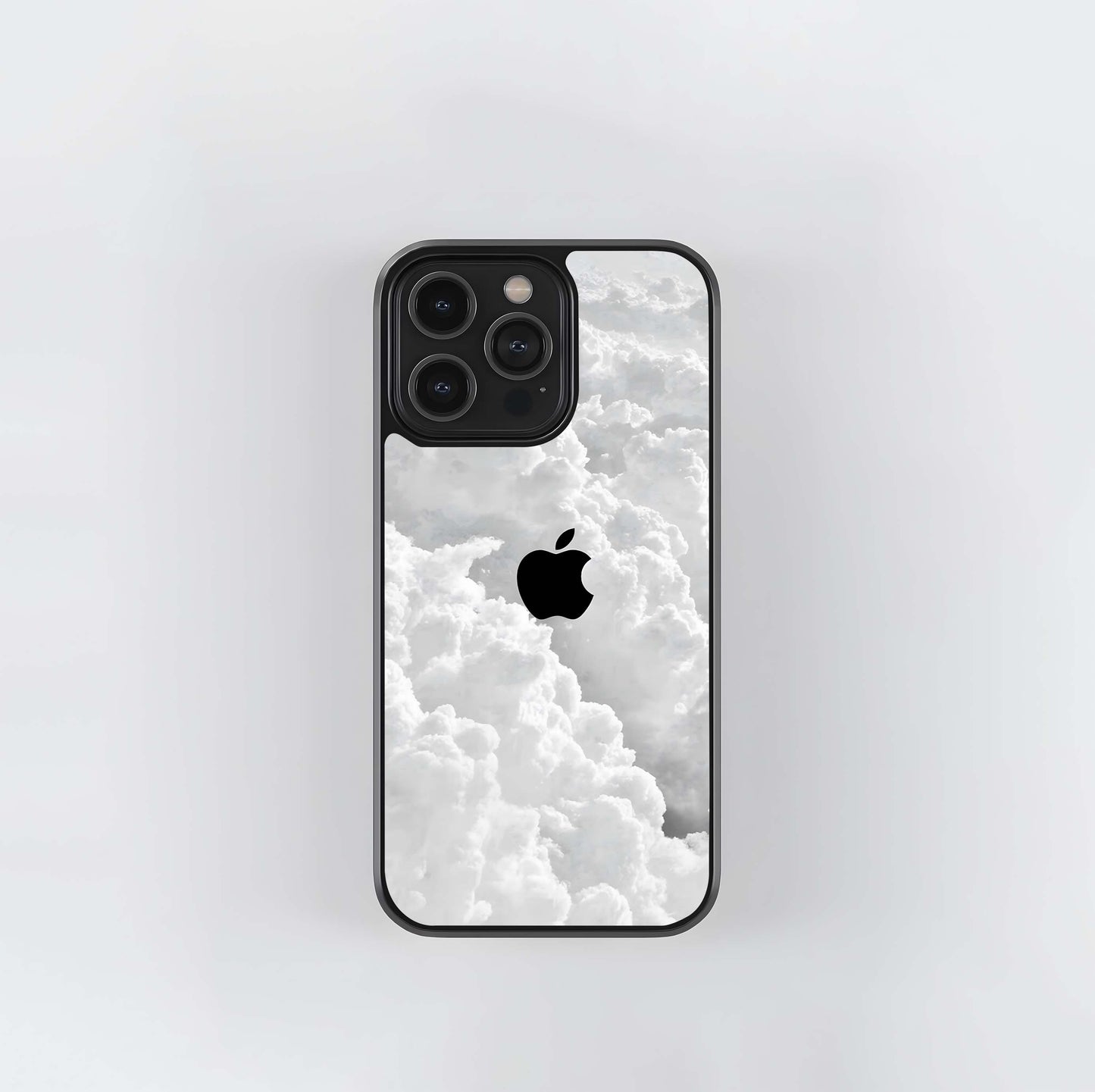 Black Apple Logo in White Clouds Glass Case
