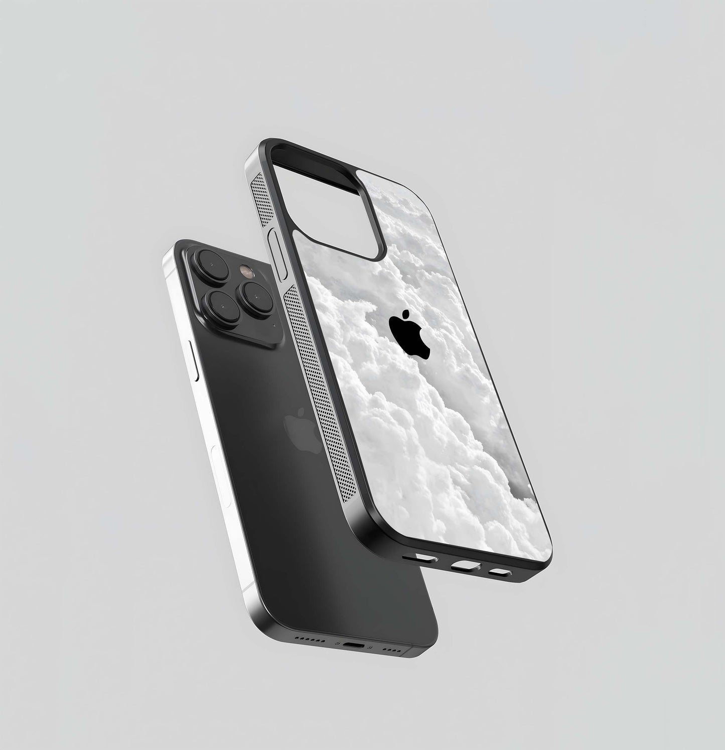 Black Apple Logo in White Clouds Glass Case