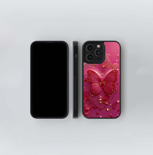 Glimmering Magenta Butterfly Heart Glass Case