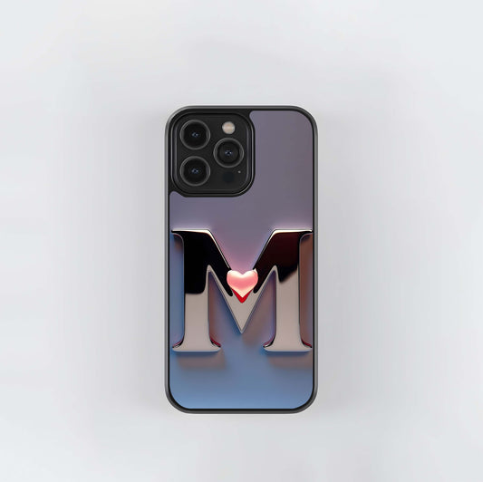 Silver M with heart Glass Case