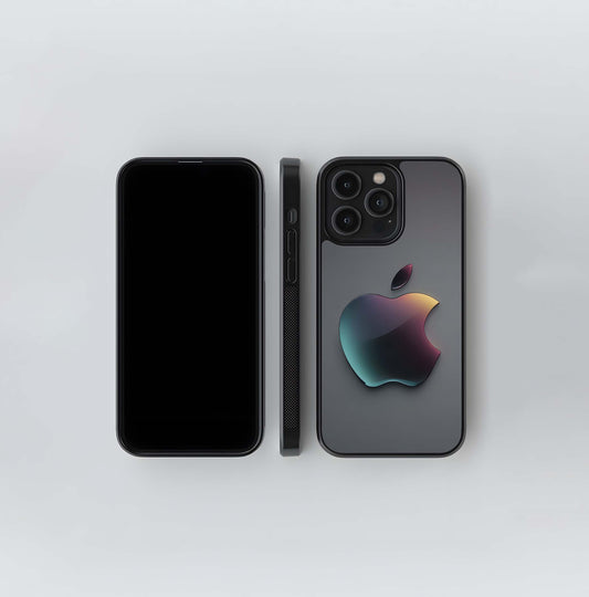 Iridescent Glass Apple Logo on Gray Glass Case