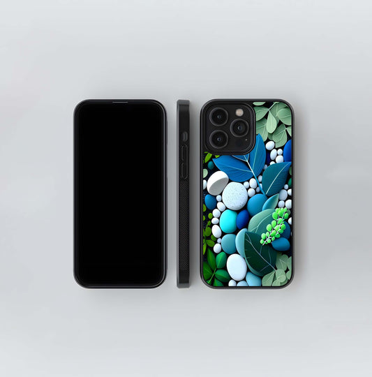 Blue and Green Foliage and Pebbles Glass Case