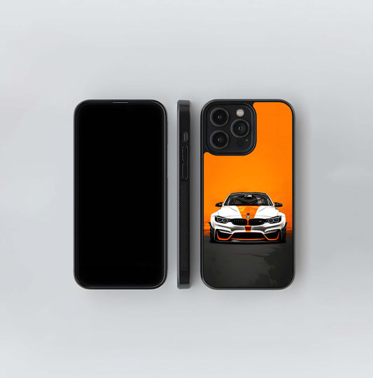 Orange and White BMW M Race Car Front Glass Case