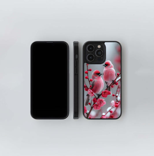 Pink Plum Blossom Finches Glass Case