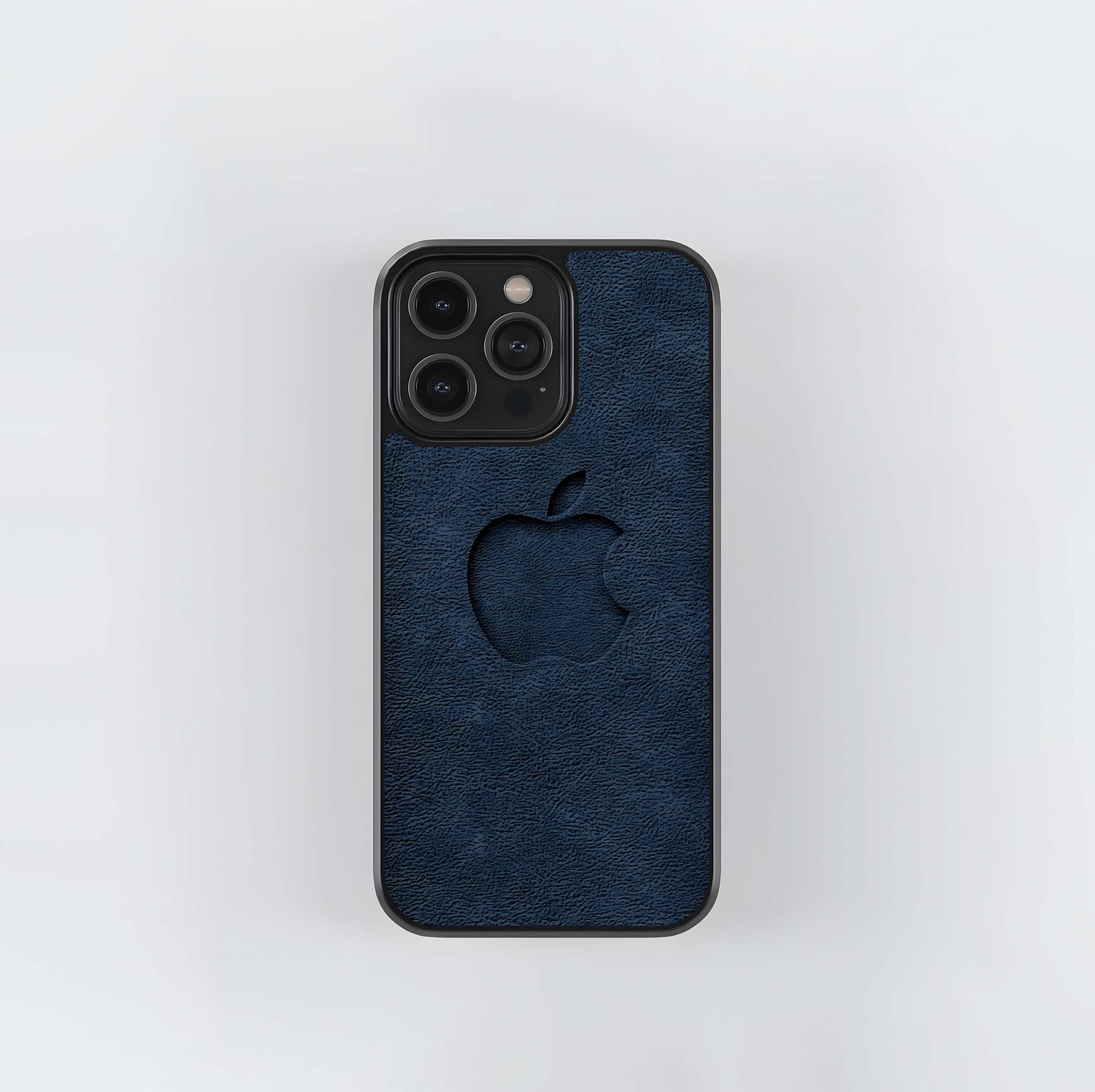 Debossed Apple Logo on Navy Leather Texture Glass Case