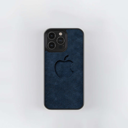 Debossed Apple Logo on Navy Leather Texture Glass Case