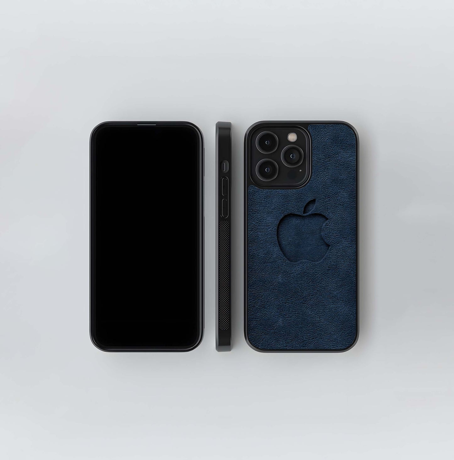 Debossed Apple Logo on Navy Leather Texture Glass Case