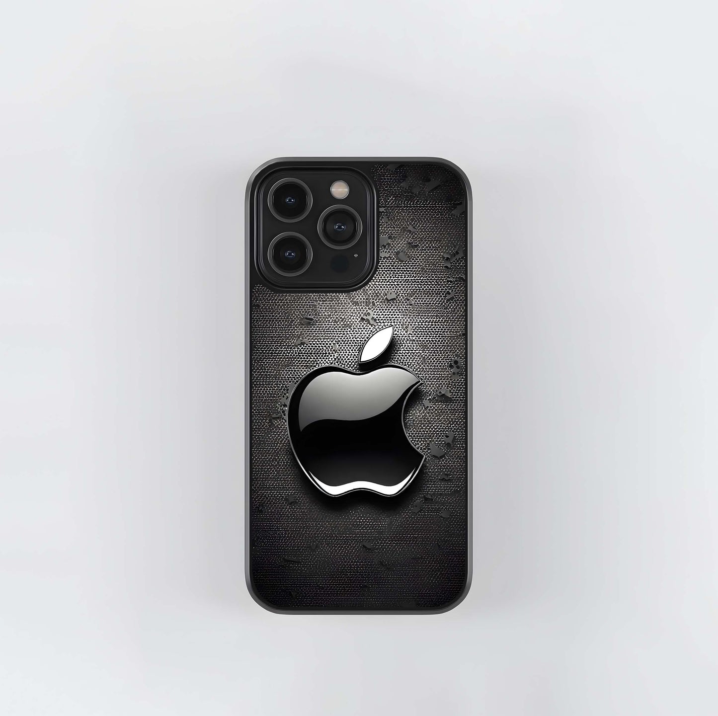 Glossy Black Apple Logo on Metal Mesh Glass Case