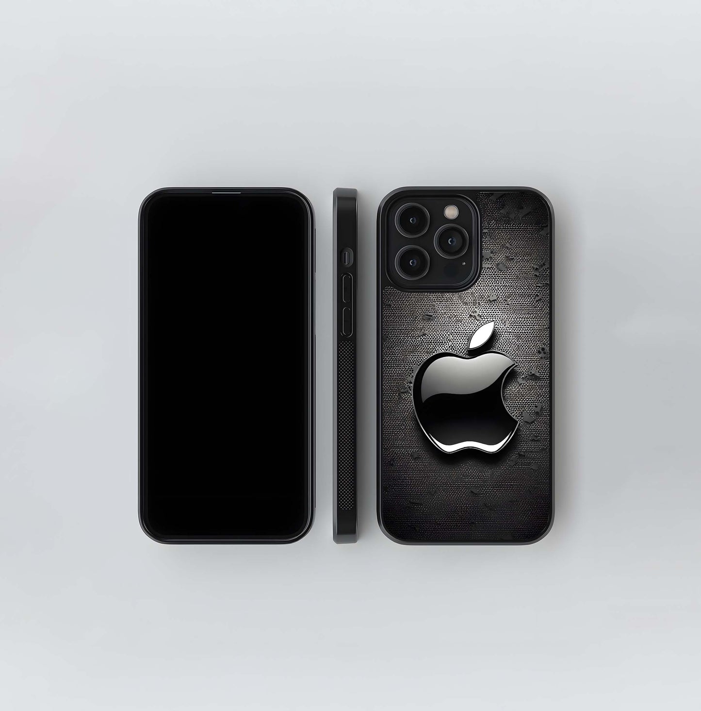 Glossy Black Apple Logo on Metal Mesh Glass Case