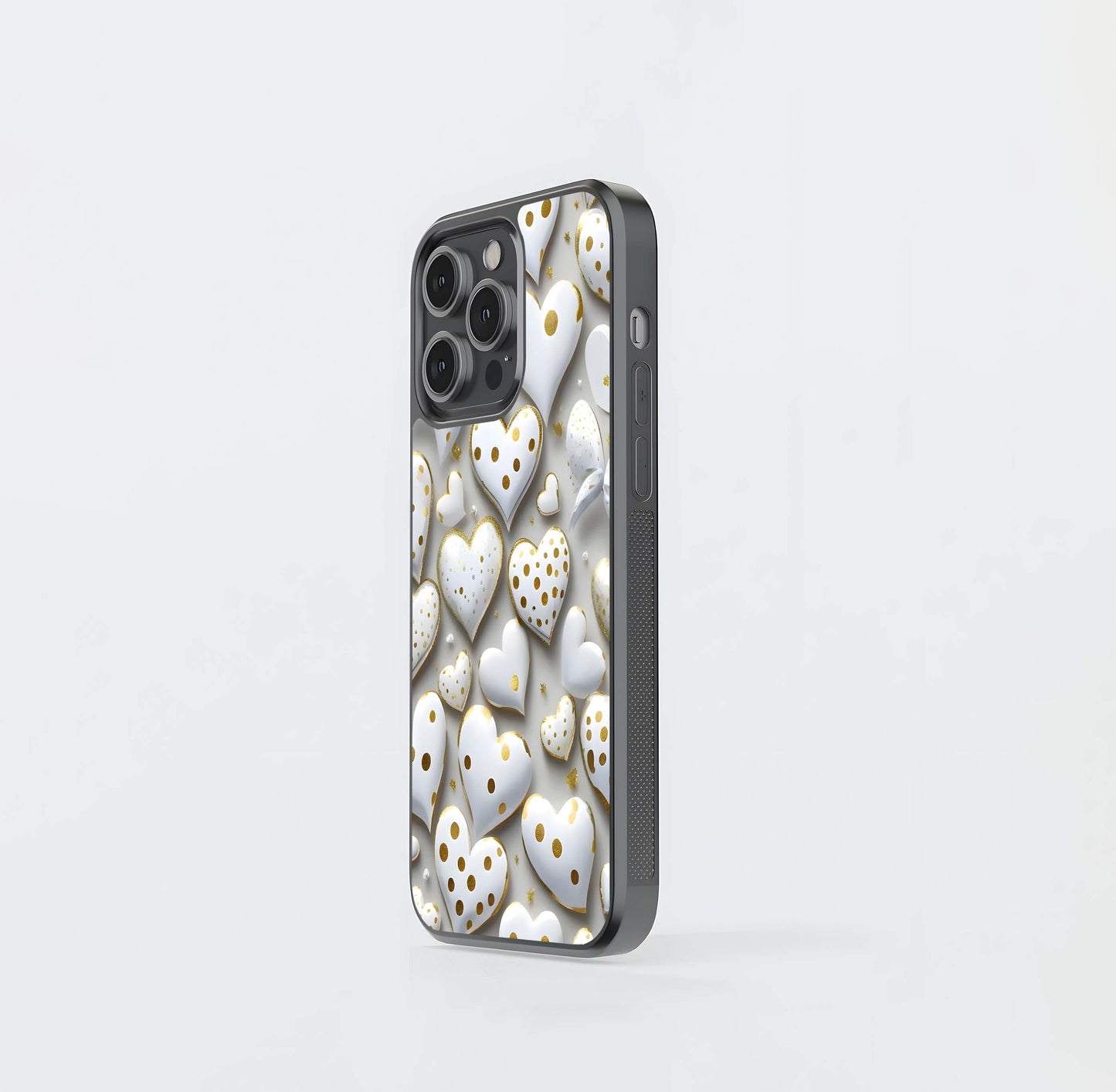 White and Gold Polka Dot Hearts Glass Case