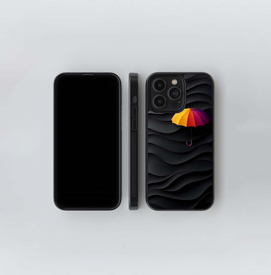 Rainbow Umbrella on 3D Black Waves Glass Case