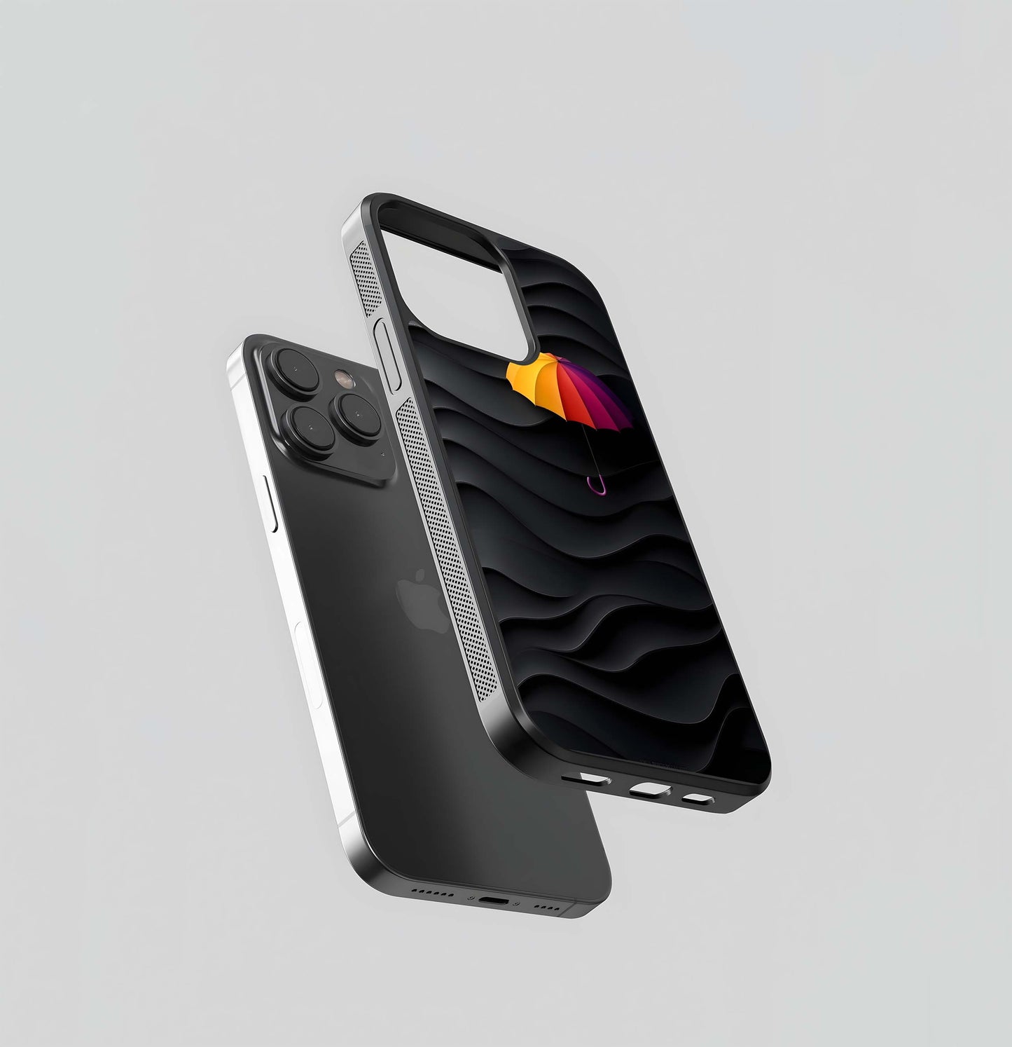 Rainbow Umbrella on 3D Black Waves Glass Case