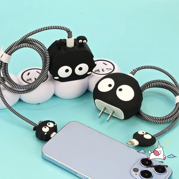 Cute Cartoon black bee charger case & protector Cable APPLE IPHONE SILICON CASE Adorable dual-eye design USB cable