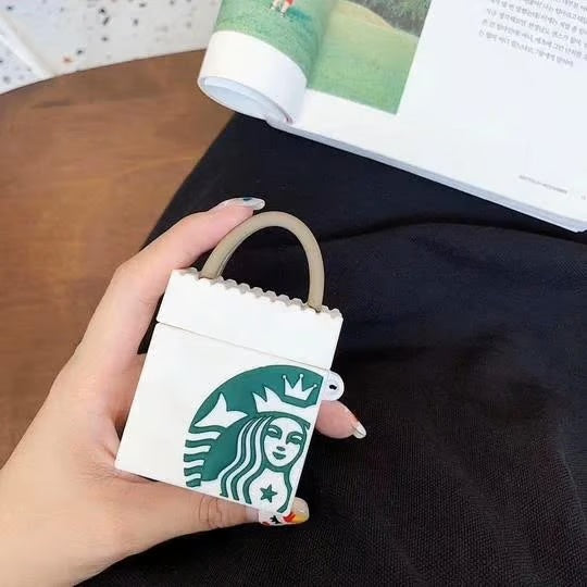 Starbucks Logo SQUARE WITH BAG WHITE SILICON Airpods Case Cover For Airpods 1/2 Stylish and protective AirPods case with iconic logo