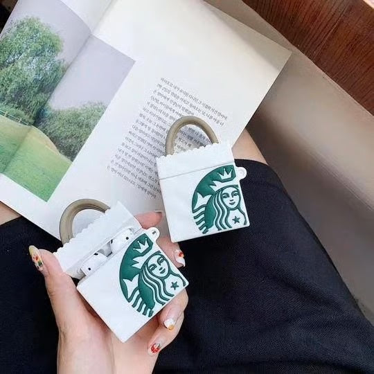 Starbucks Logo SQUARE WITH BAG WHITE SILICON Airpods Case Cover For Airpods 1/2 Stylish and protective AirPods case with iconic logo