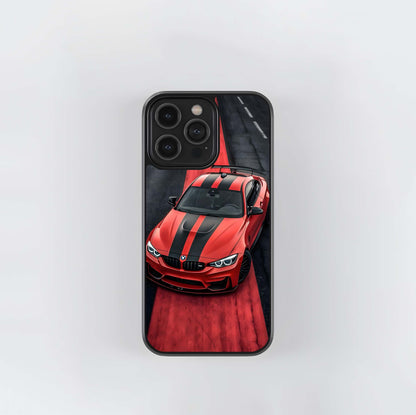 Red BMW M4 on Red Race Stripe Glass Case