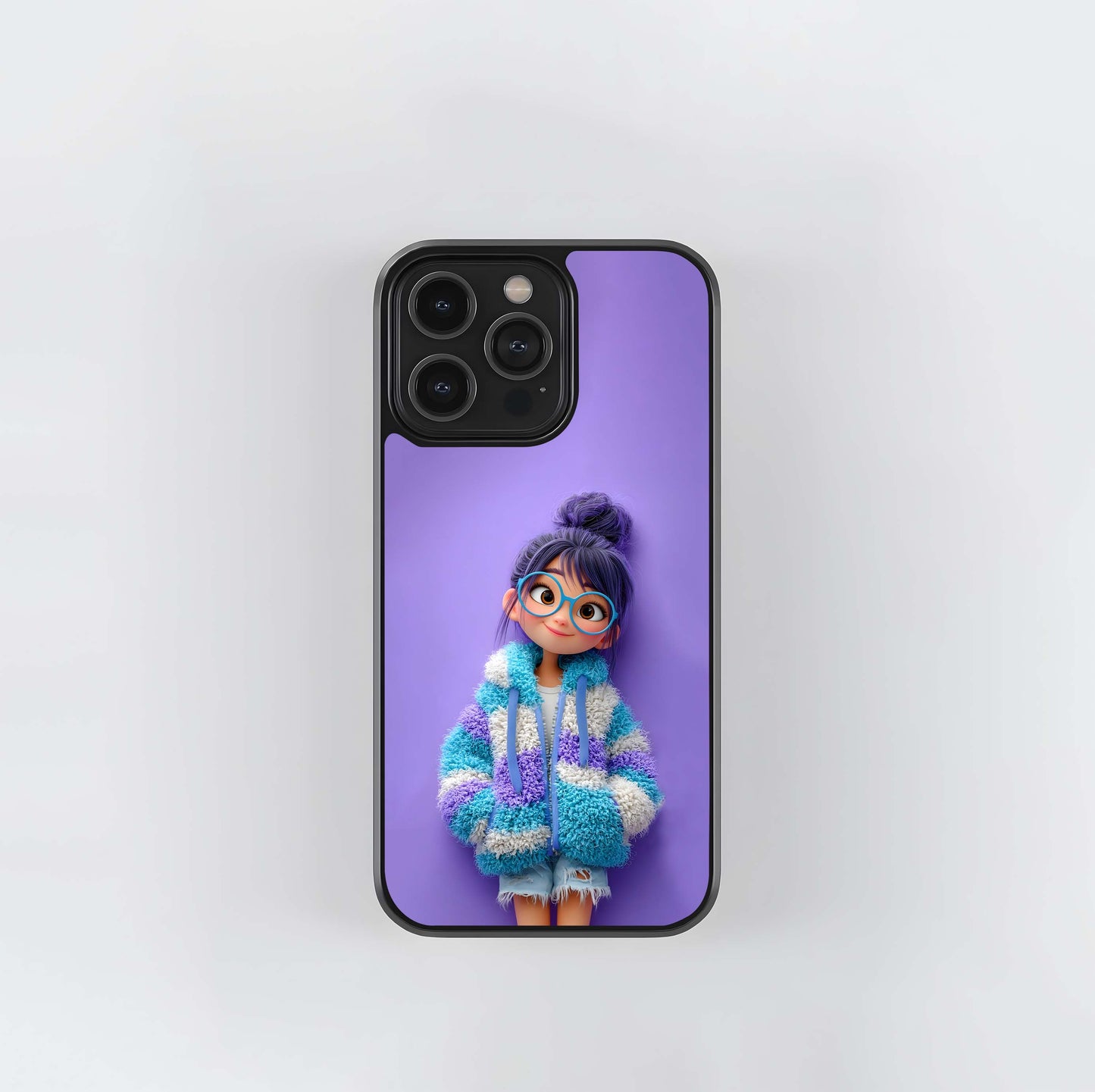 Cartoon Girl in Fuzzy Blue Glass Case