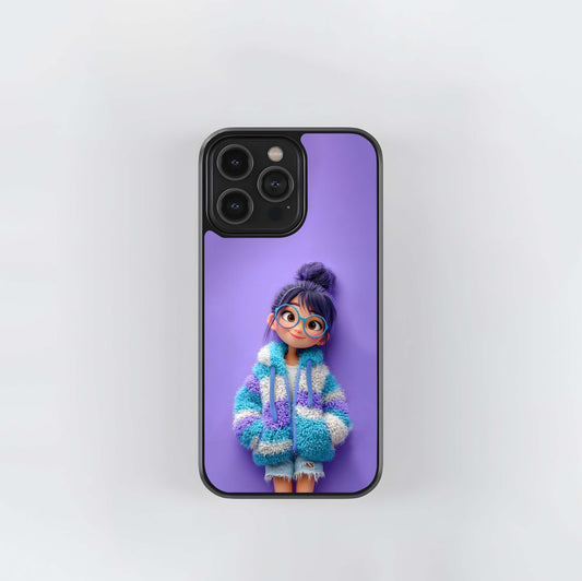Cartoon Girl in Fuzzy Blue Glass Case