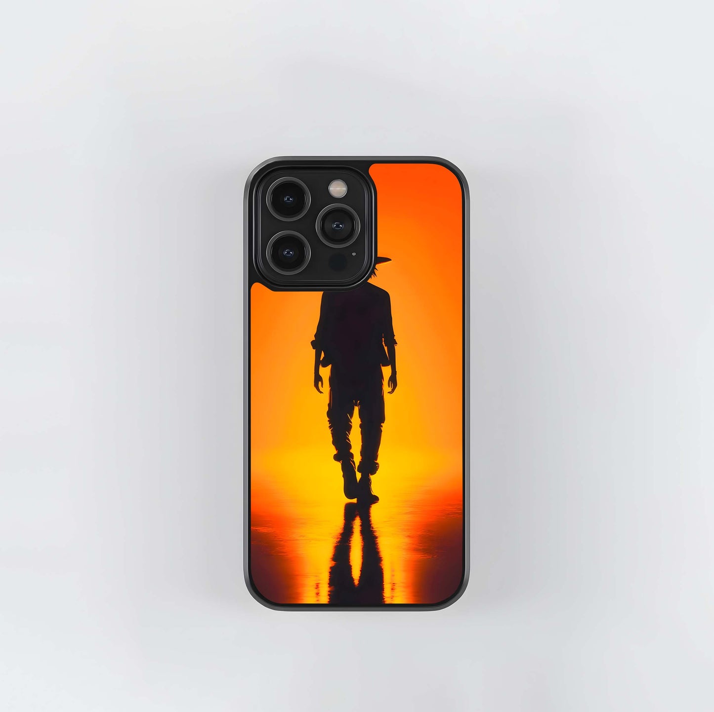 Silhouette Figure in Cowboy Hat against Orange Sunset Glass Case