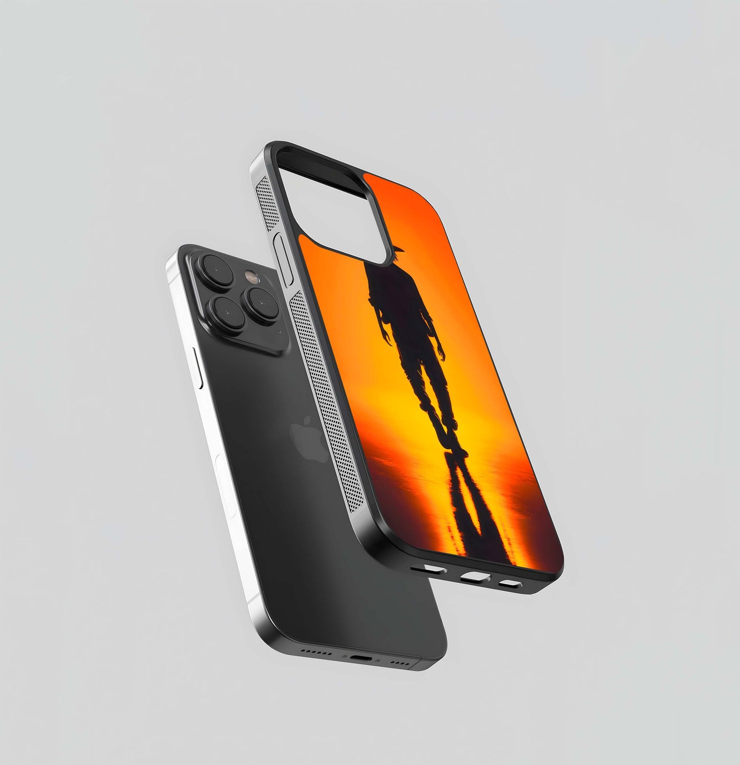 Silhouette Figure in Cowboy Hat against Orange Sunset Glass Case