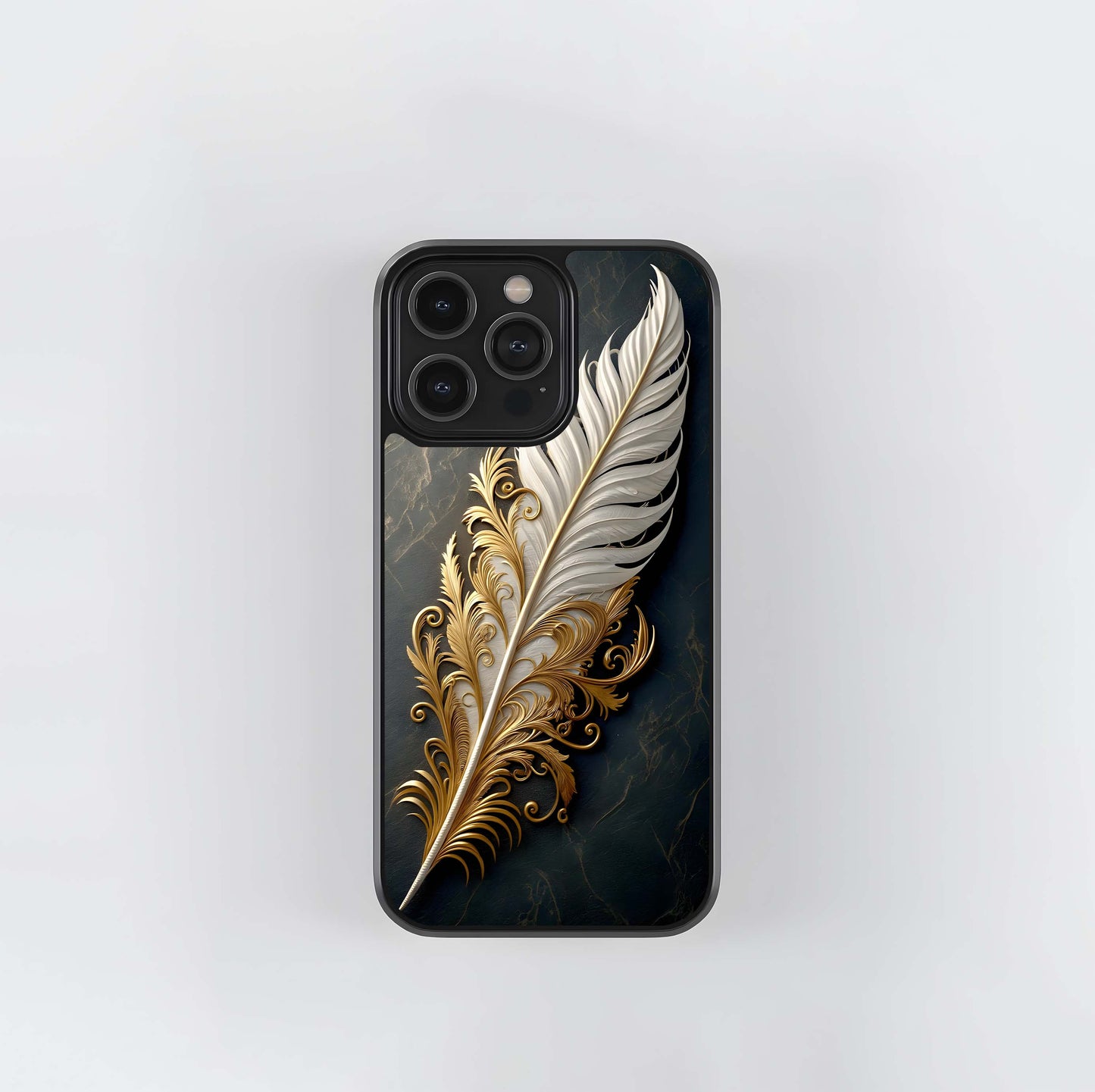 Gold & White Ornate Feather Glass Case