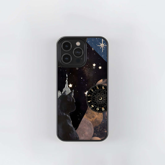 Black Cat Stars Zodiac Glass Case