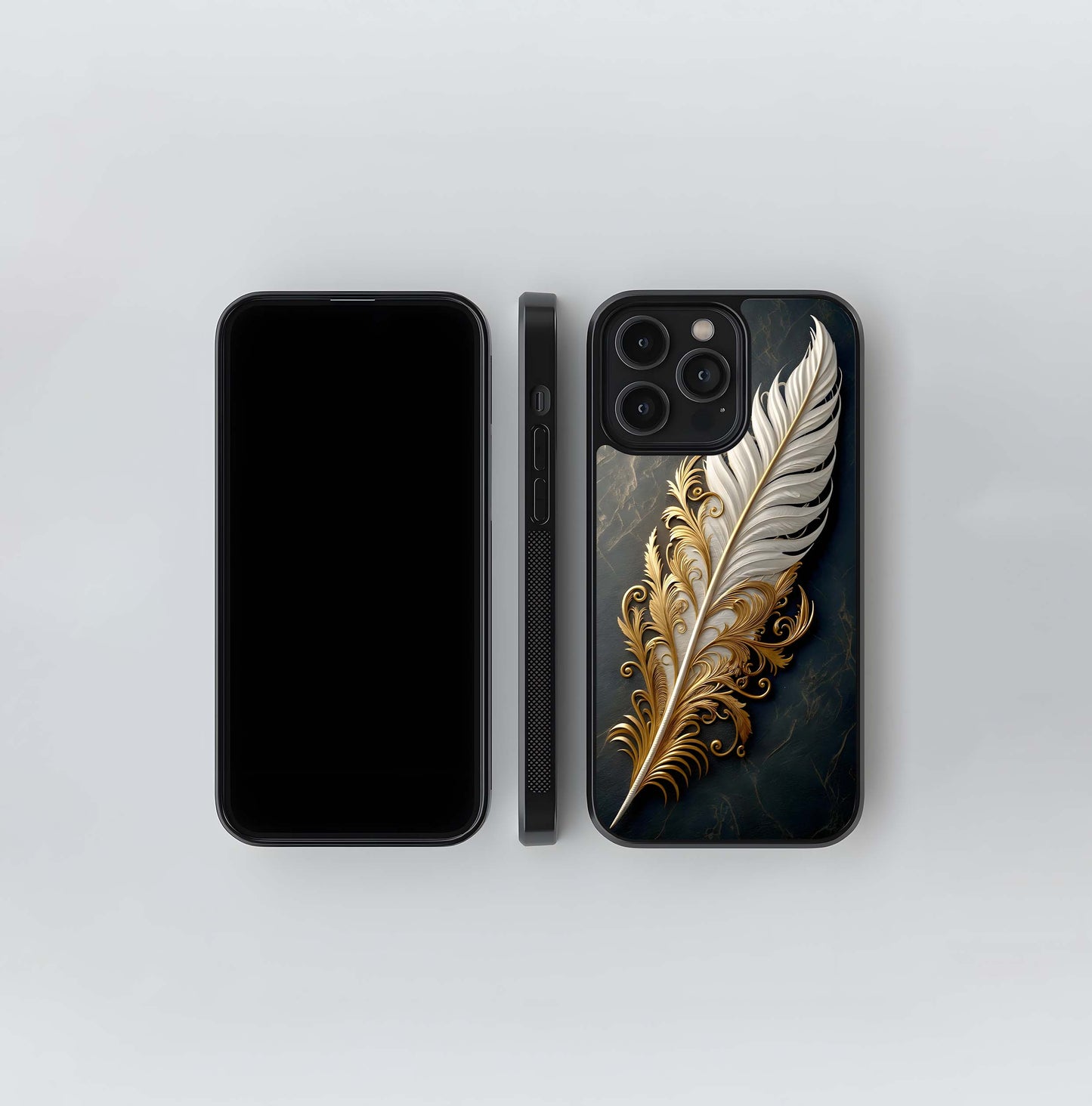 Gold & White Ornate Feather Glass Case