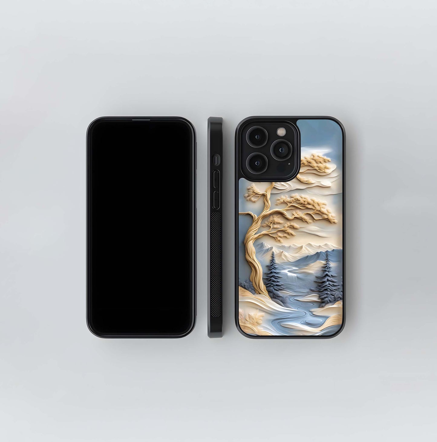 Carved Relief Pine Landscape Glass Case