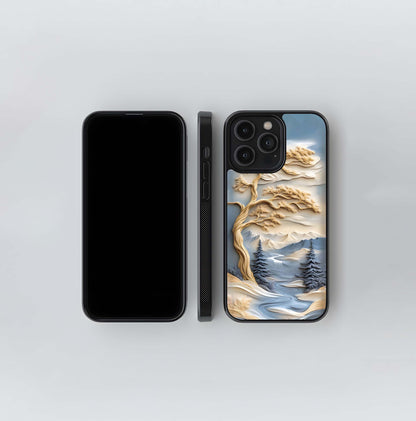 Carved Relief Pine Landscape Glass Case