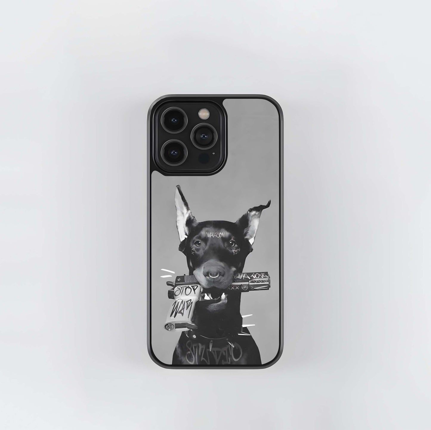 Grave Doberman with Anti-War Gun Glass Case