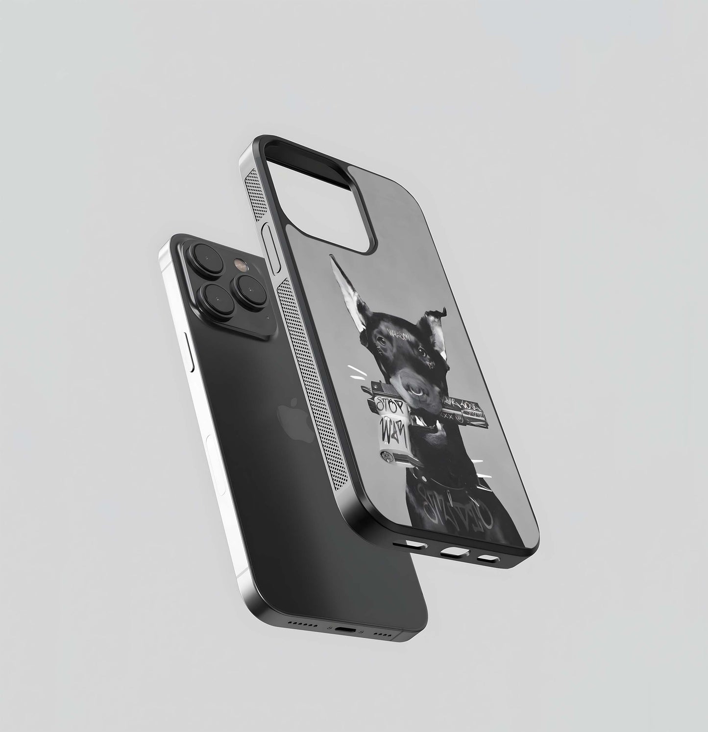 Grave Doberman with Anti-War Gun Glass Case