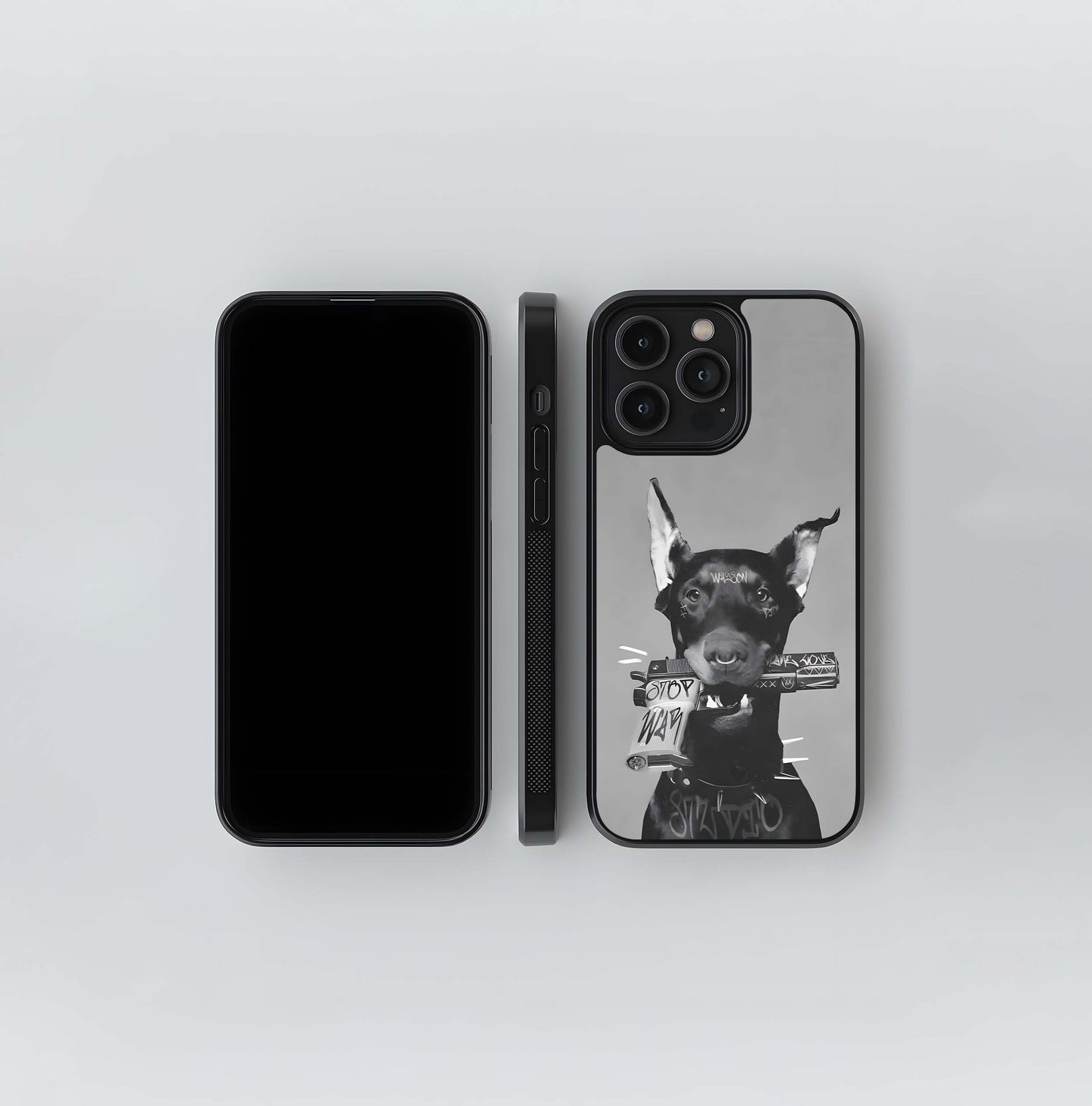 Grave Doberman with Anti-War Gun Glass Case