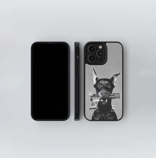 Grave Doberman with Anti-War Gun Glass Case