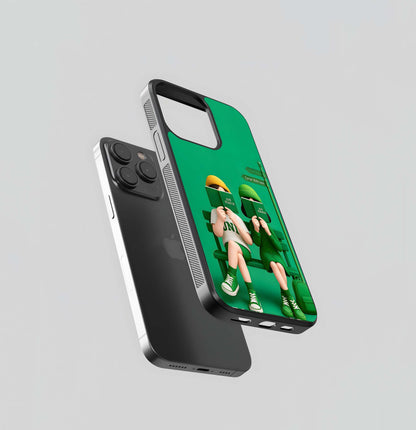 Green Tone Reading Caricatures Glass Case