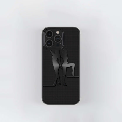 Two Female Silhouettes on Black Carbon Fiber Texture Glass Case