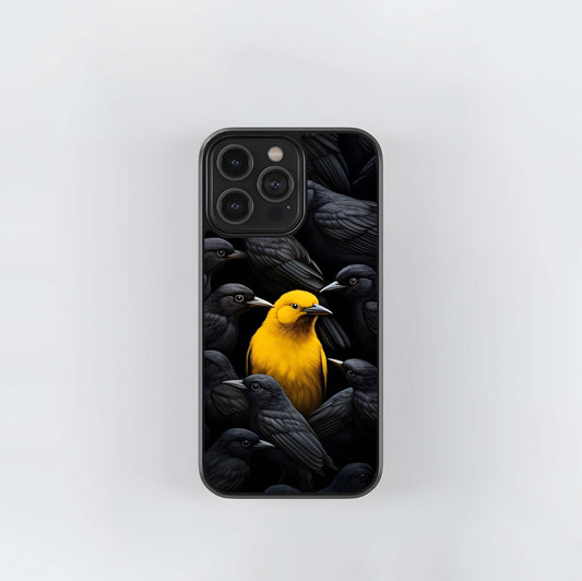 Yellow Bird Surrounded by Black Crows Glass Case